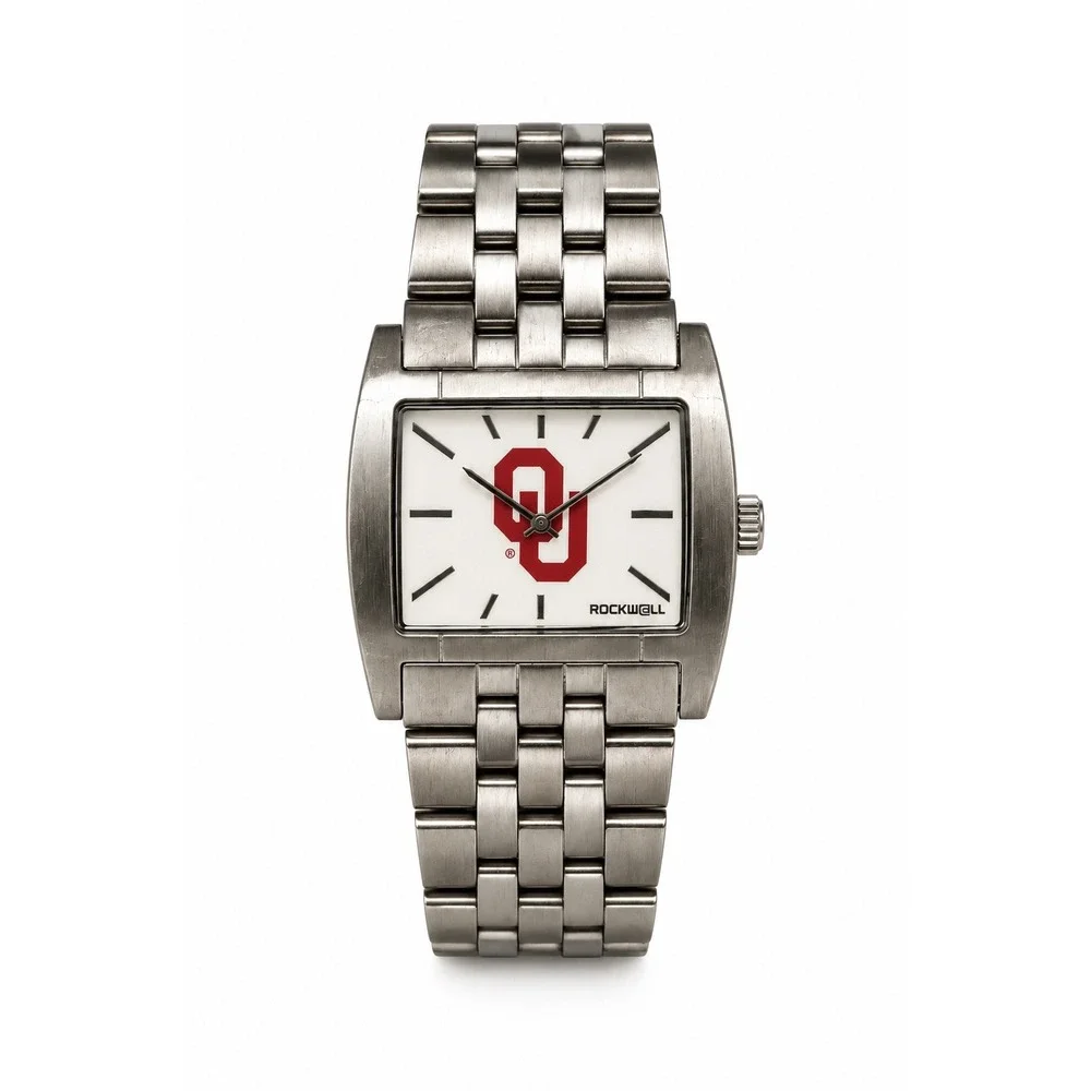 Rockwell Oklahoma Sooners OU Stainless Steel Rectangle Quartz Watch Silver Tone